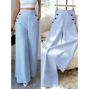 New Spring Summer Fashion Womenswear Simple Woven Elegant Linen Blue Striped Wide Leg Bell Bottom Pants, Hidden Zipper Pockets Button Design