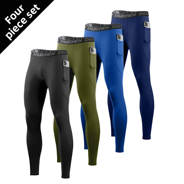 Athletes' 4-Piece High Waist Compression Pants Set - Stretchy, High-Elastic, Quick-Drying, Pocketed Training Leggings for Basketball, Running, Stretchy High Waist