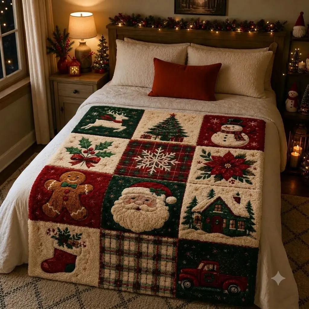 Multi-Function French Terry Blanket, Vintage Christmas Patchwork Bed Blanket, Versatile for Sofa Cover, Wall Tapestry & Outdoor Picnic, Home Decor