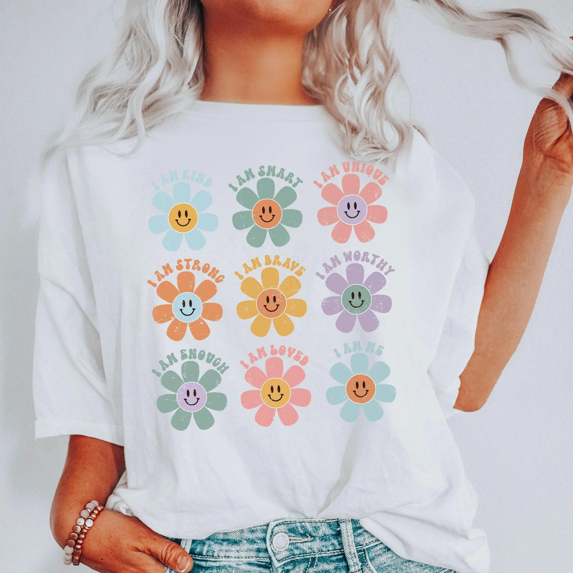 Positive Affirmations Daisy Retro Vintage Floral Edition Deluxe Comfort Colors Tee