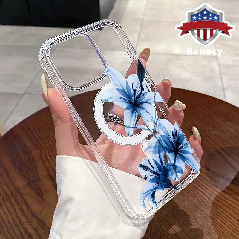Magnetic Soft Case for iPhone 17 15 16 14 Pro Max 13 12 11 XR XS Plus E Air Blue Lily Pattern Anti-Yellowing Shockproof ultra-thin Silicone Crystal Transparent Acrylic Large Hole Cover Supports Wireless Charging Protection Casing, Safety, Cellphone, Acces