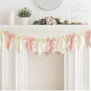 1 Pcs White Pink Bow Garland Banner – Elegant Hanging Satin Ribbon Bow Banner Decorations for Baby Shower, Wedding, Birthday, Engagement, Bridal Shower or Christmas Party Decor