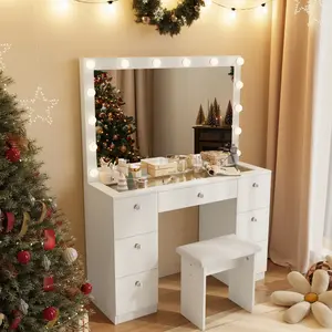 Modern Makeup Vanity Desk with Lighted Mirror and Stool, Makeup Table Sets with Drawers and Glass Desktop, Bedroom Furniture with Vanity MirrorGift