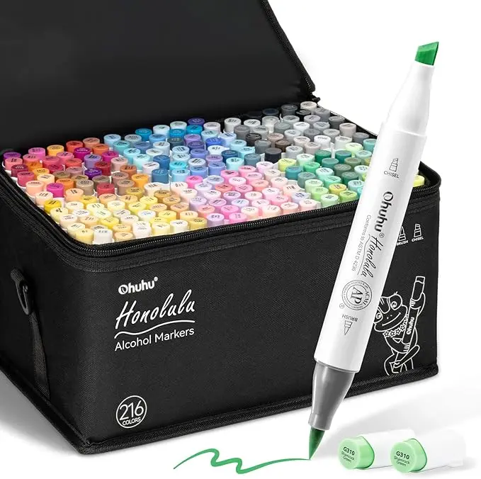 Ohuhu Alcohol Markers: Brush & Chisel / Fine - 216-color - Double Tipped Alcohol-based Art Marker Set for Artist Adults Coloring Illustration - Refillable Ink - Honolulu & B Series of Ohuhu