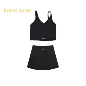 ROROLEMON Women's U-Back Tank Top & Pleated Accordion Tennis Skirt 2-Piece Activewear Set