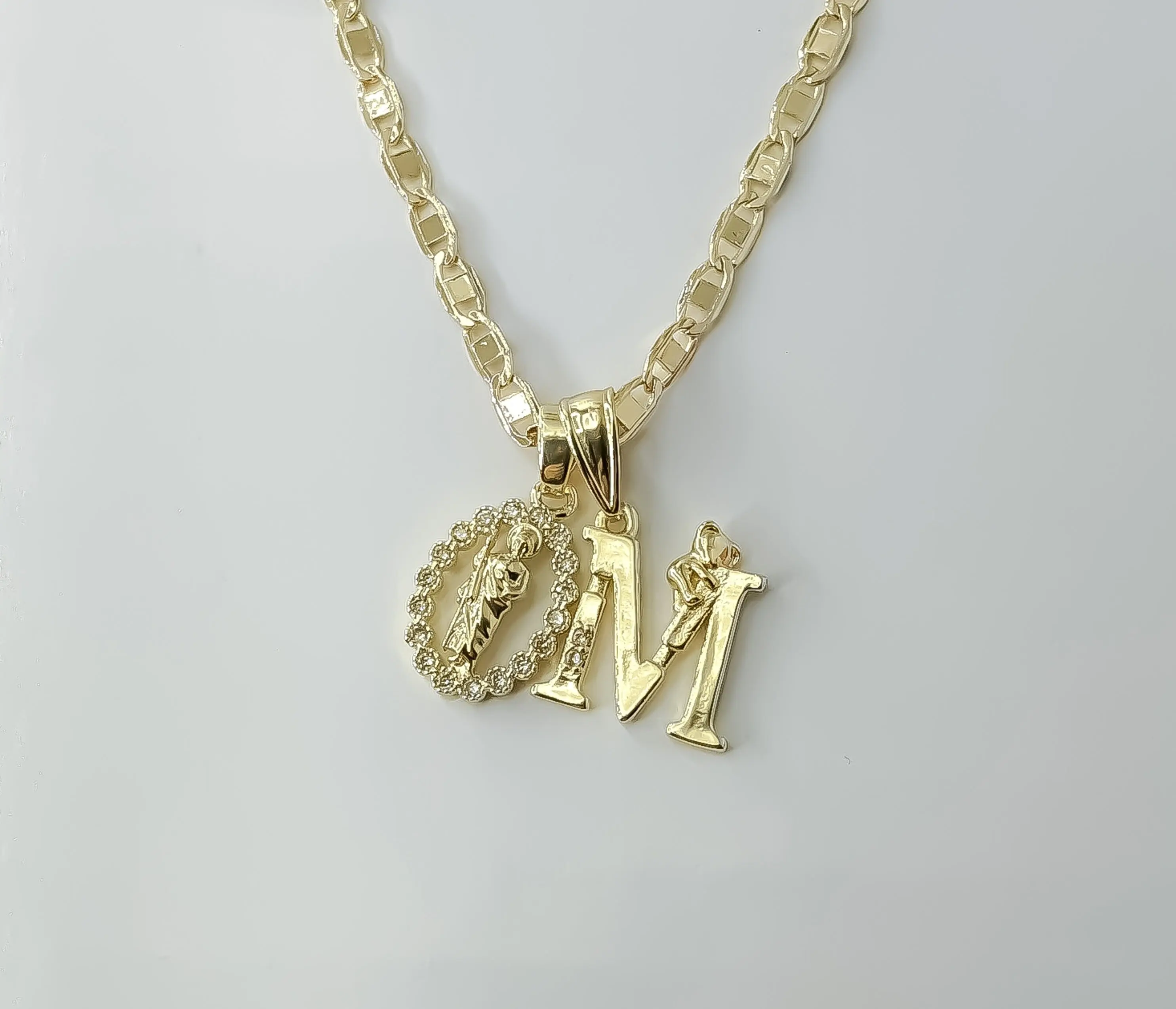 Plated Dainty Letter "M" Saint Jude Double Pendants 3mm Flat Mariner Anchor Chain Necklace