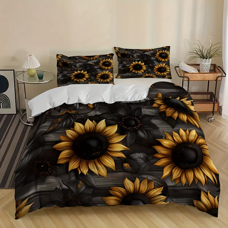 3-Piece Sunflower Print Floral Duvet Set - 1 Down Quilt, 2 Pillowcases, Digital Printing, Multi-Size (Full/Double/King), All-Season Farmhouse Style, Soft, RV Camping Use, New Home Bedding Choice, All-Season Use