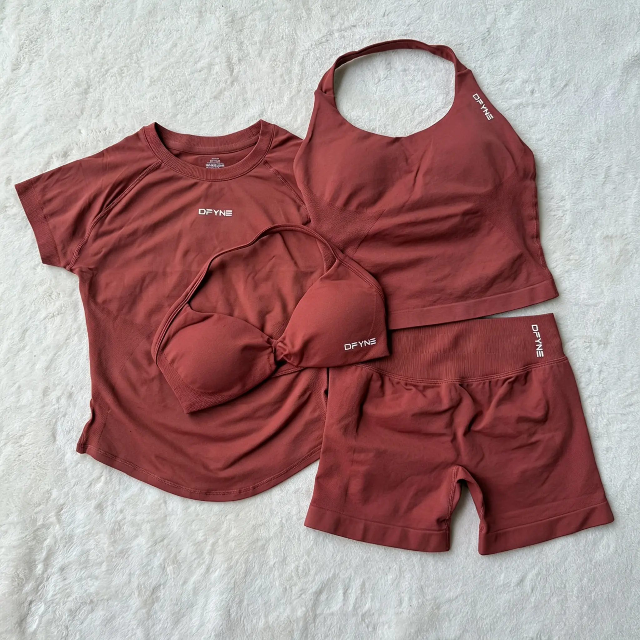 DFYNE Women’s 4 Piece Seamless Workout Set – Halter Sports Bra, Short Sleeve Top & High Waisted Scrunch Shorts Matching Activewear Outfit