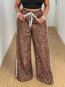 Women's Plus Size Leopard Print Mesh Adjustable Drawstring Wide Leg Pants, Loose Fit Long Trousers for All Seasons, Casual Streetwear