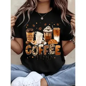 Plus Size Oversized Coffee Lover Graphic T Shirt for Women Casual Short Sleeve Round Neck Top with Coffee Cup Beans and COFFEE Print Breathable Loose Fit for Spring Summer Fall