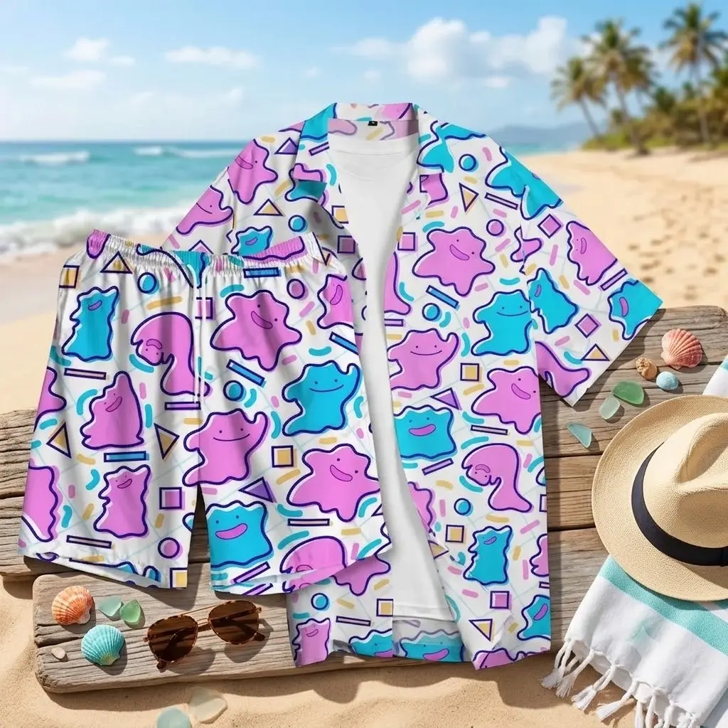 Trend Funny Ditto PKM Hawaiian Shirt - Breathable, Comfortable, Short Sleeves, Halloween, Summer Vacation, Perfect Gift for Him, Papa Tropic, Beach Trips Multicolor Top