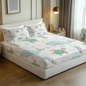 3PCS Cute Whale & Turtle Print Fitted Sheet Set, Beach Theme Sea turtle Dolphin Bed Sheet Set, Soft Microfiber Bedding Set (No Fillers),for Kids & Marine Life Lovers Bedroom,All sizes available