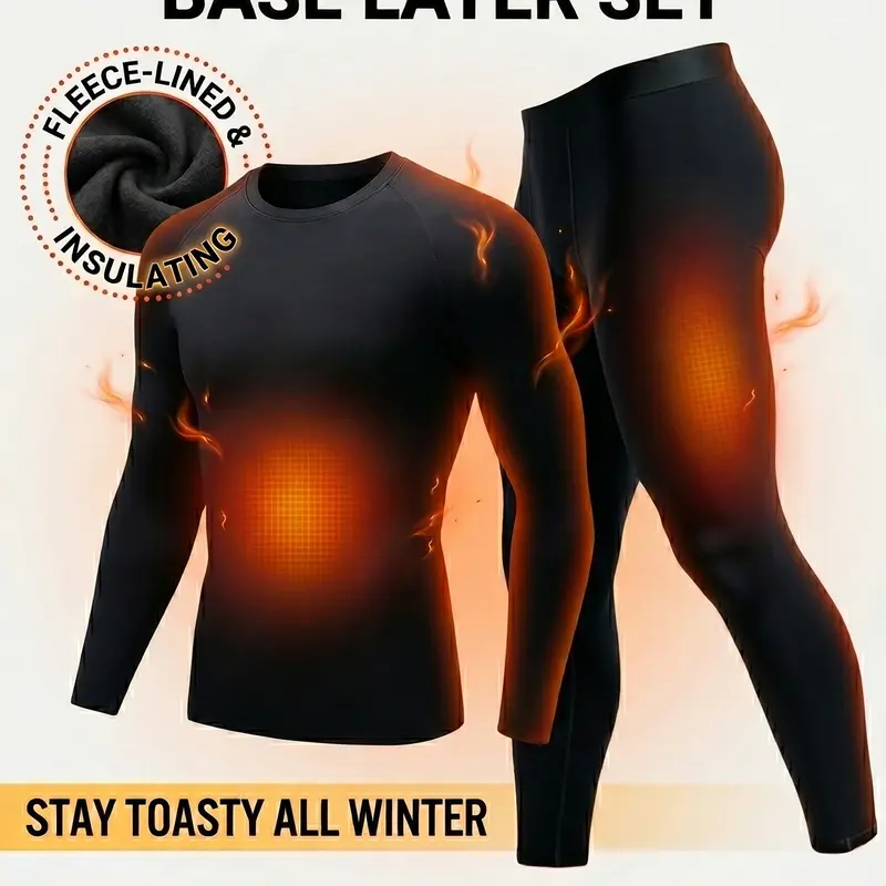 Men's Two-Piece Thermal Base Layer Set—Fleece-Lined, Warm and Cold-Resistant Winter Compression Wear—Moisture-Wicking Long-Sleeve T-Shirt and Compression Pants—Ideal for Skiing and Outdoor Training in Cold Weather