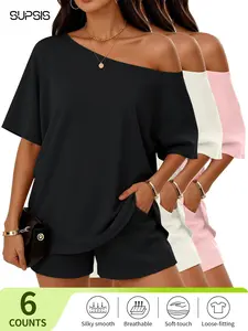Women’s Casual Two Piece Lounge Set Off Shoulder Top & Loose-Fitting Shorts  Loungewear Pajama Nightwear Womenswear#summervibe