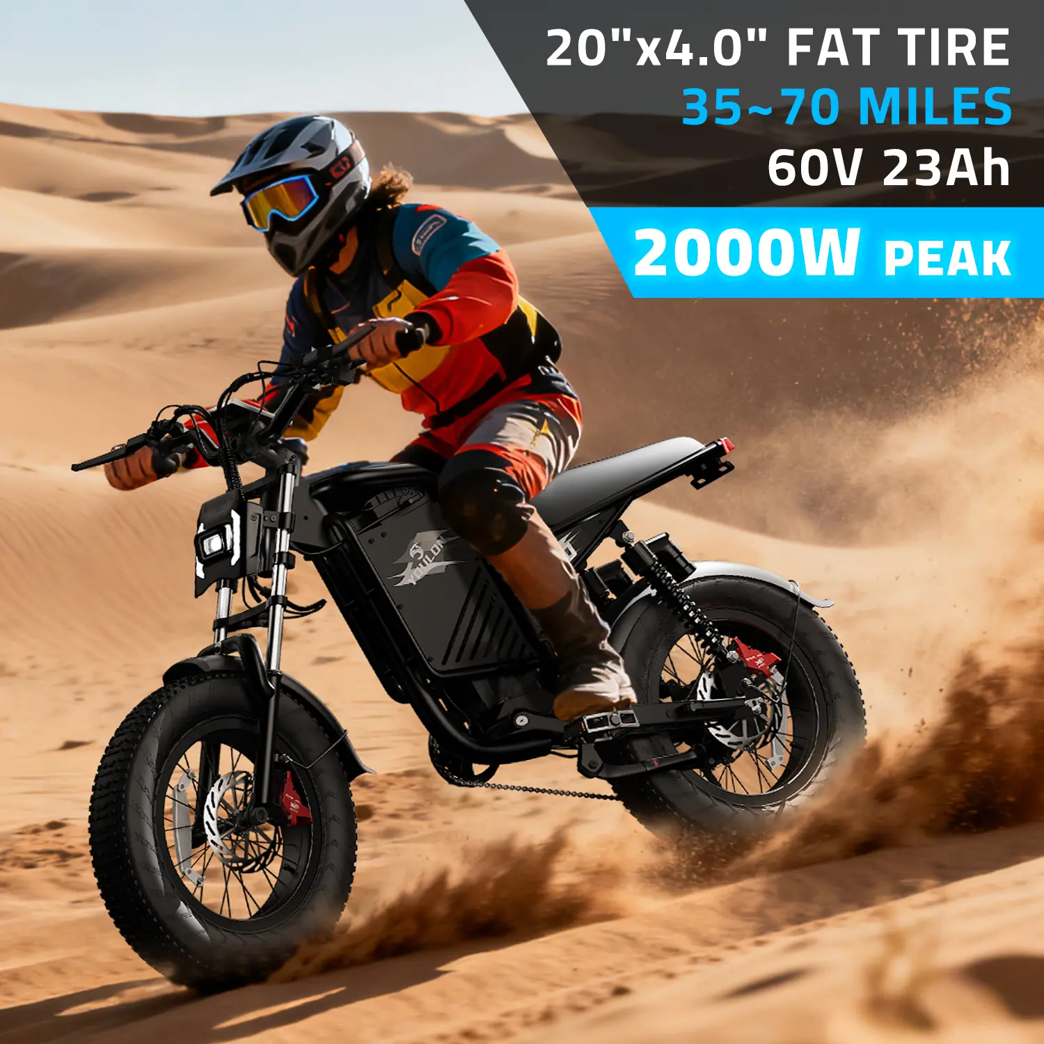 YOULON Adult Off-Road Electric Bike - 2000W Peak, 60V 23Ah Battery, 35-70 Mi Range, 20"x4.0" Fat Tire, 31MPH Full Suspension Ebike Fat Tire Off Road Bikes