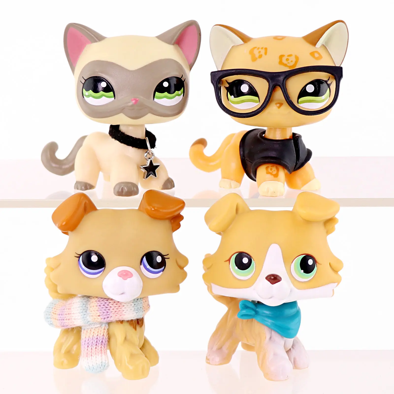 4-Pcs Unisex Solid PVC Miniature Action Figures Set - Cute Cartoon Spotted Cats, Masked Cats, Fluffy Puppy Collectibles with Glasses, Scarf, Star Pendant Accessories for Kids 4+ Pretend Play, Birthday Party Favors, Age 4+