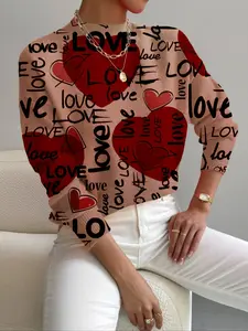 Women's Fall Winter Knit Sweater, Heart Pattern Print, Elegant Casual Commute Wear, Valentine's Day Gift, Knitwear