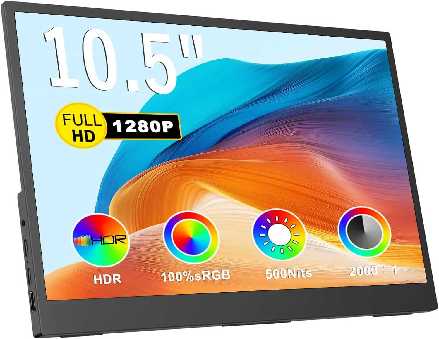 10.5" FHD 1280P IPS Ultra-Slim Mini Display, 500 Nits 2000:1 HDR w/Kickstand, Dual Speakers, USB-C & HDMI, Gaming Travel Screen for Laptop PCs