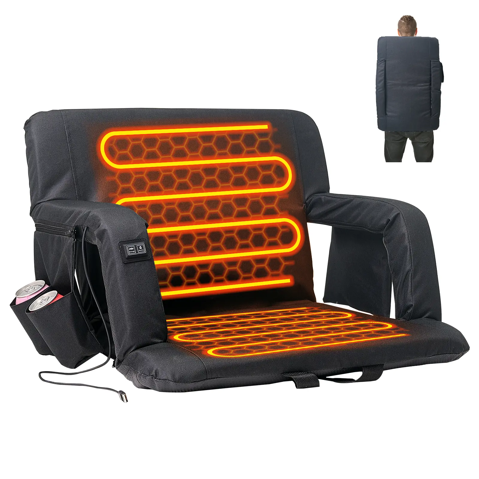 Naudacaa Thermal Heated Stadium Seat for Adults, 21-25in Wide Waterproof Oxford Polyester Sports Chair with 3-Level Heat Control, 6-Position Recline, Ergonomic Back Support, Portable Bleacher Seating