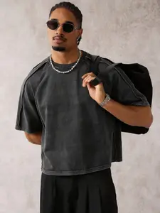Acid Wash Cropped Raglan Tee, Vintage Washed Black Loose Oversized T-Shirt, Fashion, Minimalist Streetwear Aesthetic, Men's Boxy Fit Top, Clean Girl Inspired Casual Essential, Retro Y2K Short Sleeve Tee, Perfect for Street Style & Everyday Wear