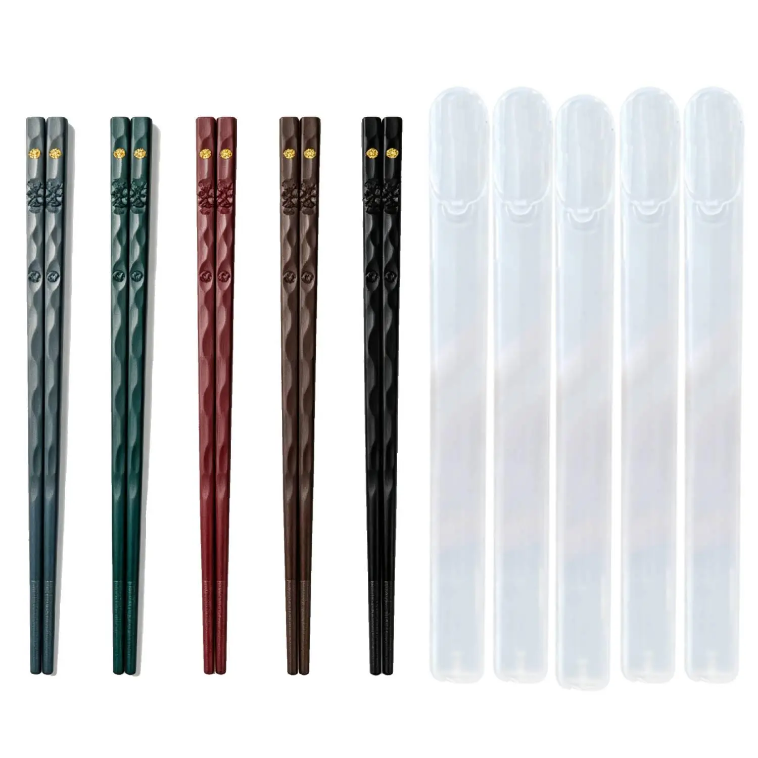 Traditional Straight Reusable 5-Pair Cutlery Set, 9.57in Chopsticks & Tableware with Portable Box, Easy Clean, Travel-Friendly for Family Daily Meals, Chinese/Japanese Cuisine