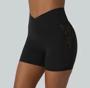 Slimwest  Softlvzero High Waisted CrossoverContrast Lace Back Pocket Yoga Biker Shorts5'-UPF50+