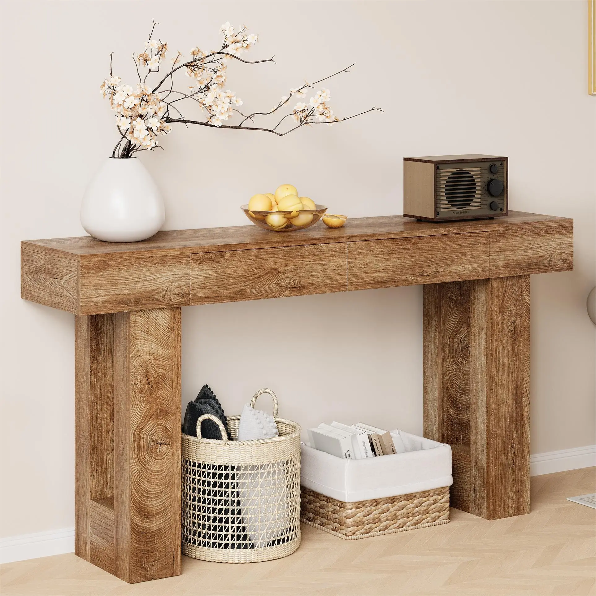 Summer Vibes IRONCK 63" Long Modern Wood Console Table with 2 Drawers - Wooden Sofa Table for Living Room, Entryway, Farmhouse Hallway Behind Couch, Modern Wood Table Acacia Wood Tabletop