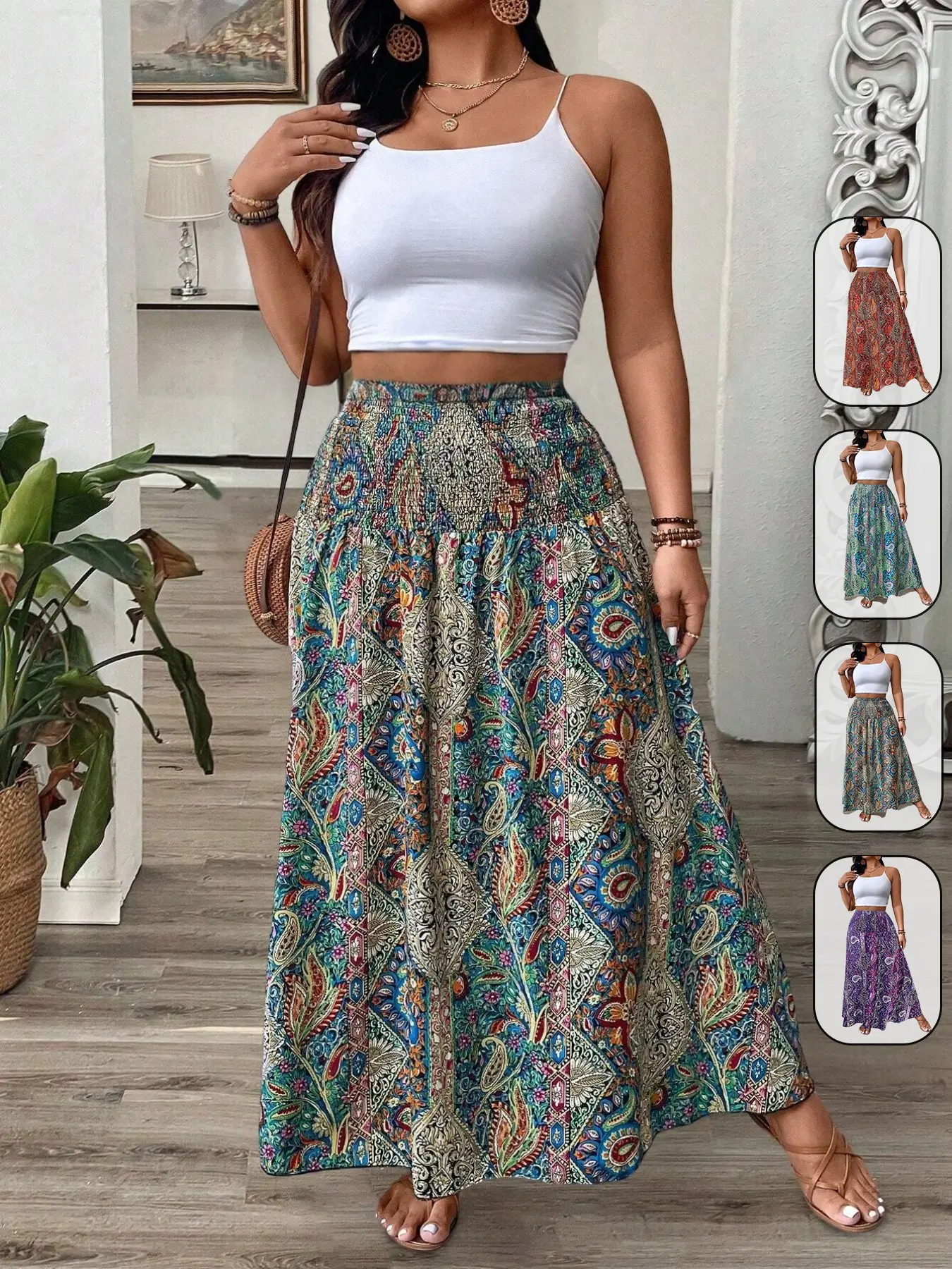 Women's Plus Size Smocked Waist Maxi Skirt Bottom, Boho Bohemian Paisley Print High-Waisted Loose Flowy A-Line Skirts for Hippie Festival, Beach and Vacation, Vintage Summer Casual Daily Stretchy Resort Wear