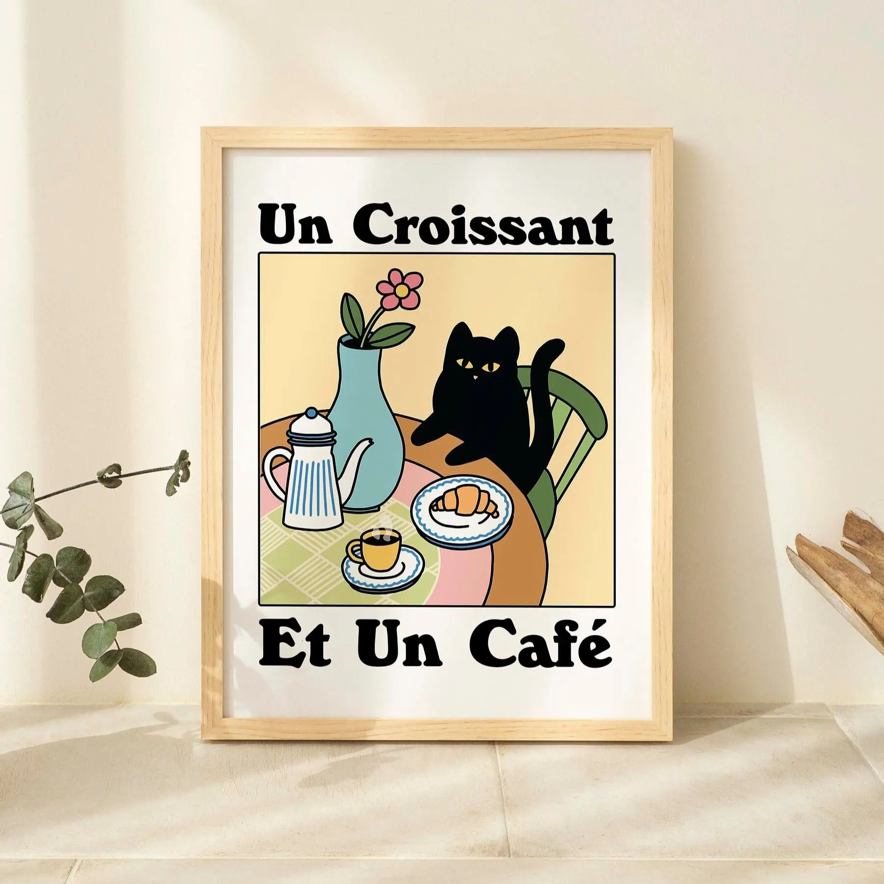 French Cafe Croissant Cat Poster, Cat  Coffee Poster, Un Croissant Wall Art, Funny Cat Poster