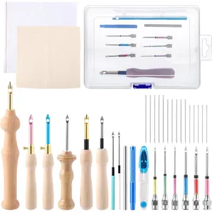35 Piece Adjustable Punching Embroidery Needle Set, Including Wooden Handle Embroidery Pens, Randomly Colored Punching Needles and Large Eye Needles, Complete Craft Set, Suitable for Beginners' Cross Stitch Tools, DIY Hand Sewing