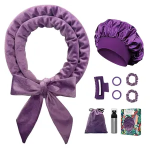 No Heat Overnight Curls Headband to Sleep In, 70" Soft Ribbon Curl Wrap for Long Hair - 9 PCS Curling Rods Set with Bonnet, Purple