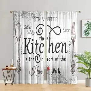 2 pieces, rural retro farmhouse style printed curtains with cutlery heart-shaped patterns for easy hanging, semi transparent privacy curtains, polyester fiber, suitable for bedroom, living room, kitchen, bathroom, study, home decoration