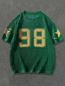 Men's Star & Number Pattern Hollow Out Drop Shoulder Knit Top, Loose Casual Street Soft Comfy Short Sleeve Round Neck Knitwear for All Seasons, Men's Clothes for Daily Wear, Graphic Pullover