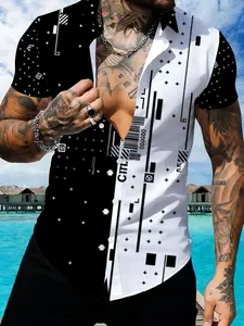 Men's Trendy Print Collared Short Sleeve Shirt, Summer Fashion Casual Splicing Top, Lightweight Breathable Design, Casual Shirts