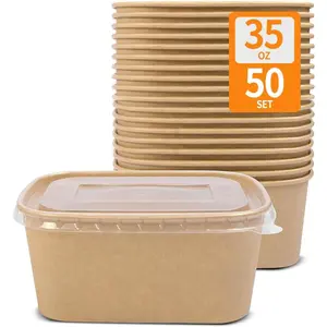 50-pack 35-ounce paper food containers with lids, paper meal prep containers, microwave and freezer safe, cardboard food boxes - 50 bowls, 50 lids