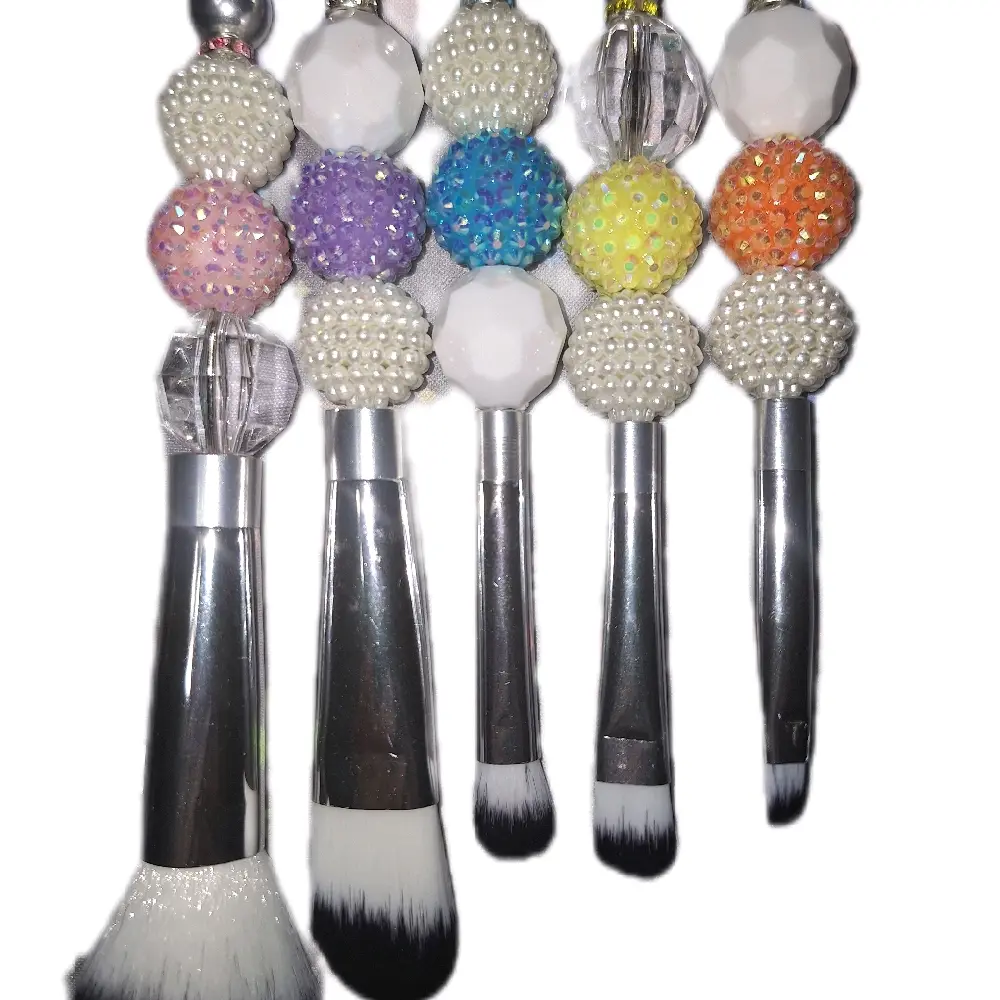 Beaded Makeup Brushes Pastel Rainbow Pearls Silver Brushes with Colorful Bead Handles for Cosmetic Application