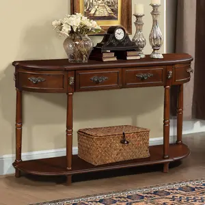 Retro Console Table Curved Wood Sideboard, 52 inch Circular Half Moon Sofa Table with Open Shelf and 2 Drawers, Solid Wood Entry Table for Living Room, Hallway, Cherry
