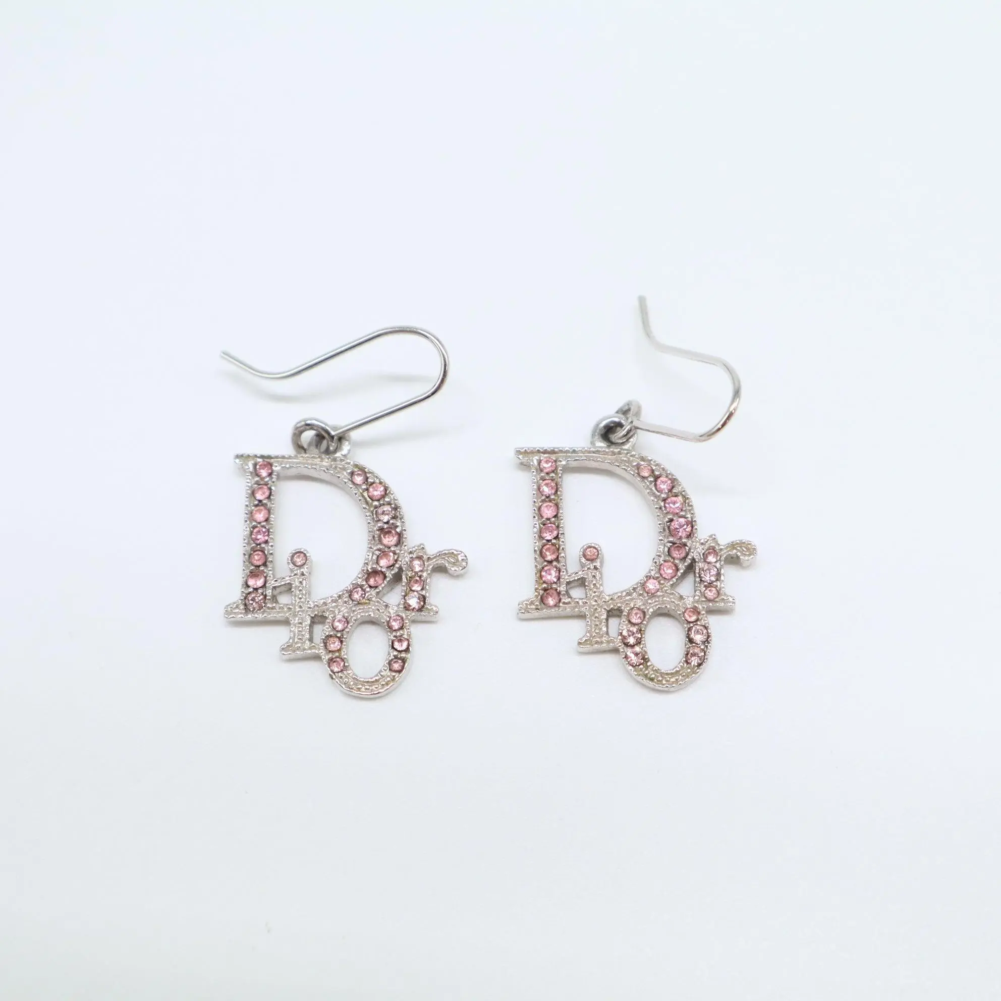 Pre-owned Dior Vintage Pink Crystal Oblique Logo Drop Hook Earrings W21755
