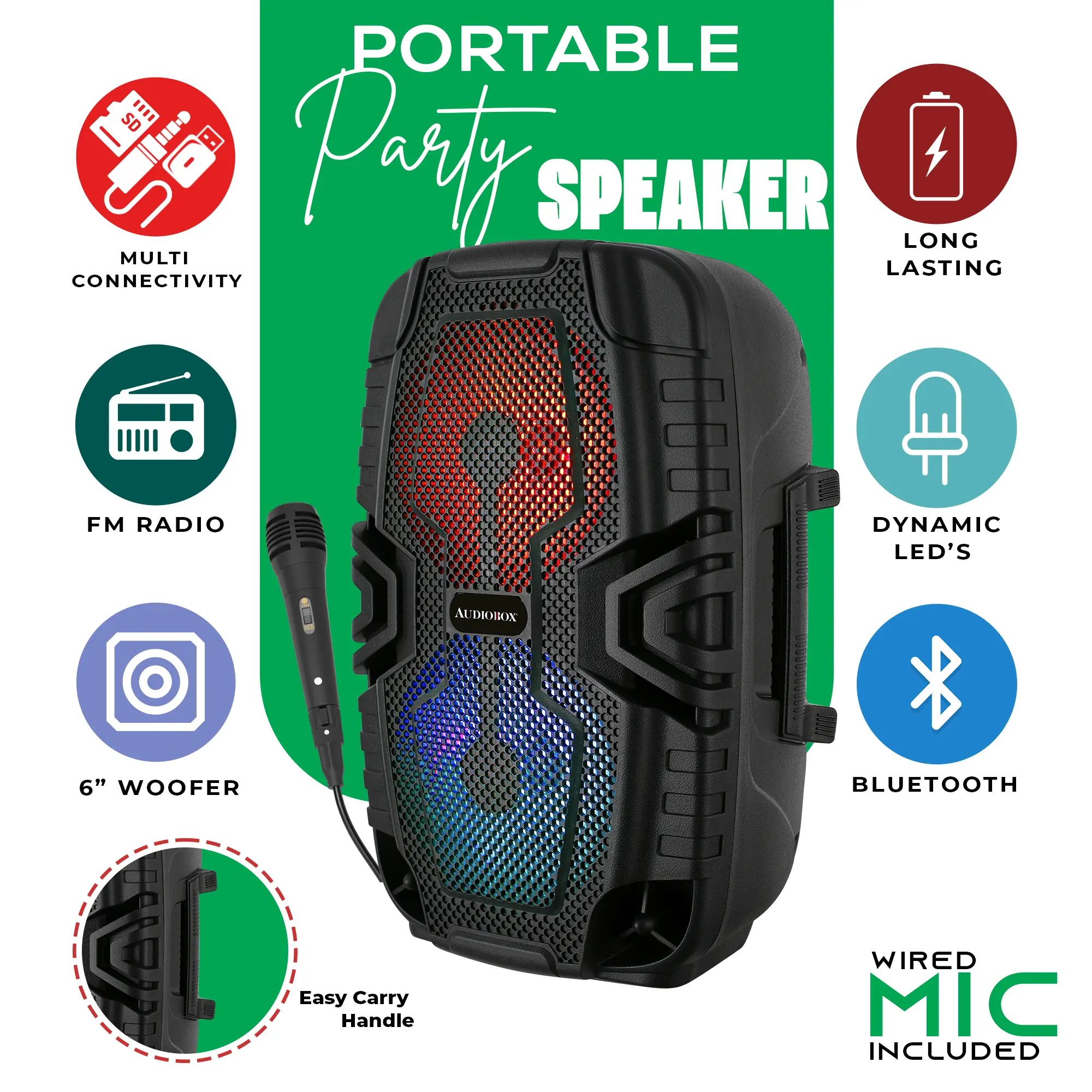 Audiobox Dual 6” Bluetooth Party Speaker with Wired Microphone for Karaoke PA LED Lights, TWS, USB, FM & Mic Cable Rechargeable