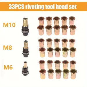 33pcs 3-in-1 combo kit for carbon steel hand tools, including 30 rivets of different sizes and 3 rivet gun heads of different sizes. General purpose, M6-M10, industrial grade, household and multi-purpose rivet tools Hardware