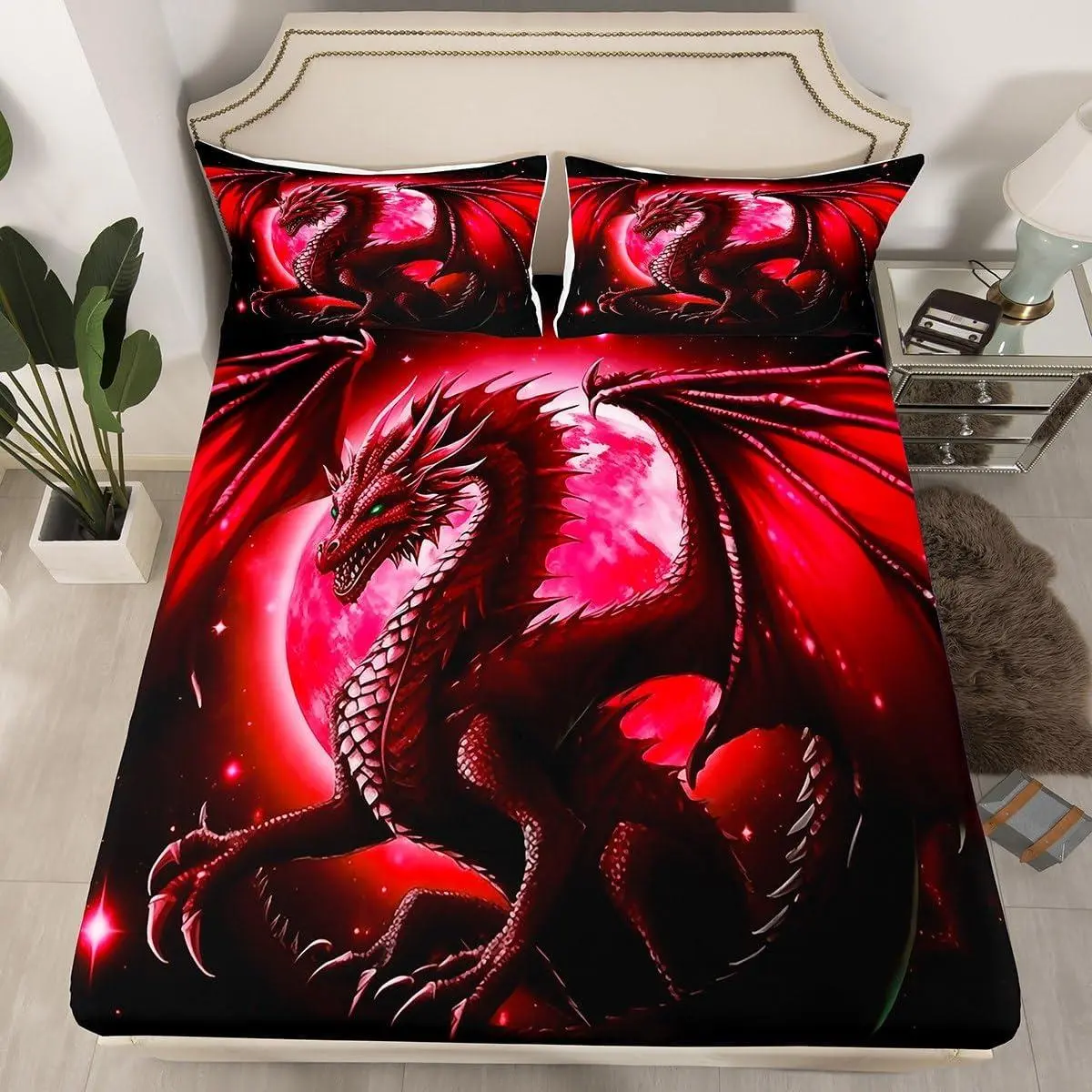 Dragon Fitted Sheet,Starry Sky Moon Night Bedding Set for Kids Boys Teens Women Bedroom Decor,3D Animals Bed Sheet Western Dragon Black Red Deep Pocket Sheet