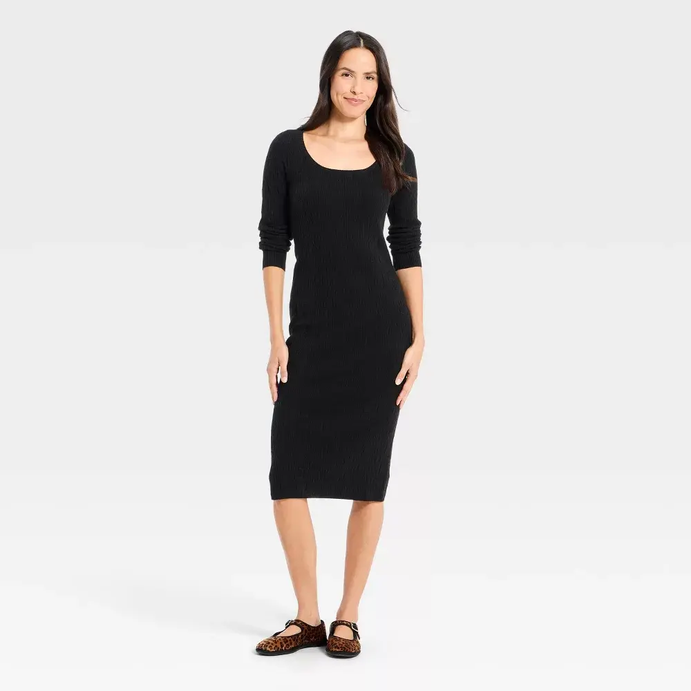 Women's Long Sleeve Textured Polyester Yarn Pullover Midi Sweater Dress - Flat Garment, Transitional Universal Casual Dress, Cotton