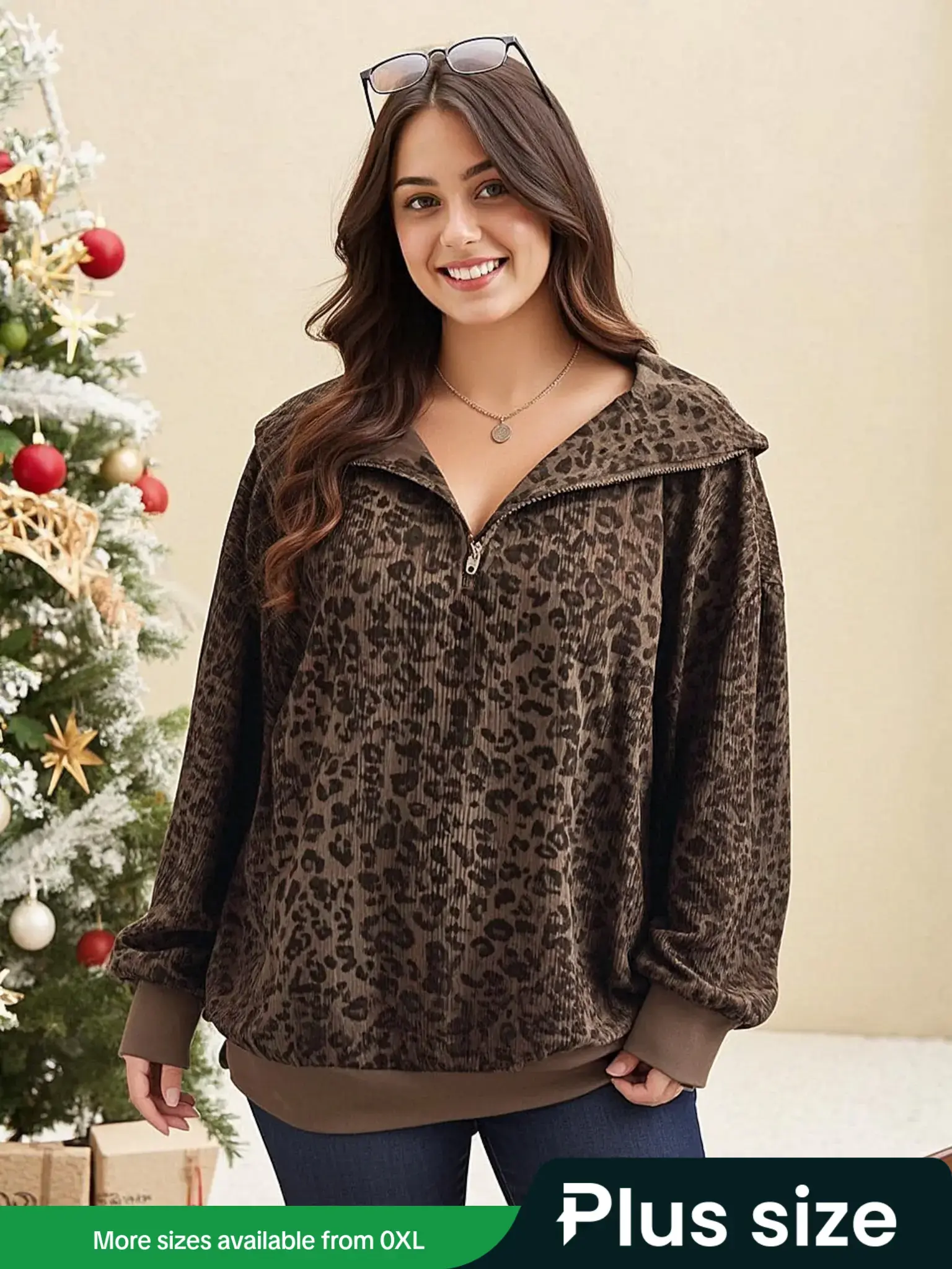 Women's Plus-Size Fashion Leopard Print Zip-Up Long Sleeve Loose Fit Hoodie, Stylish Casual Winter Sweatshirt, Hoodies Tunic Sweatshirt for Everyday Wear, Womenswear, Zipper Closure