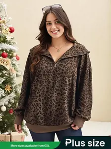 Women’s Plus-Size Fashion Leopard Print Zip-Up Long Sleeve Hoodie, Stylish Casual Winter Sweatshirt for Everyday Wear, Womenswear