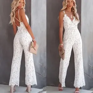 Ladies Elegant Jumpsuits Spaghetti Straps V-Neck Solid Lace Backless Sexy Jumpsuit For Women Simple White Slim Office Rompers(Sheets)