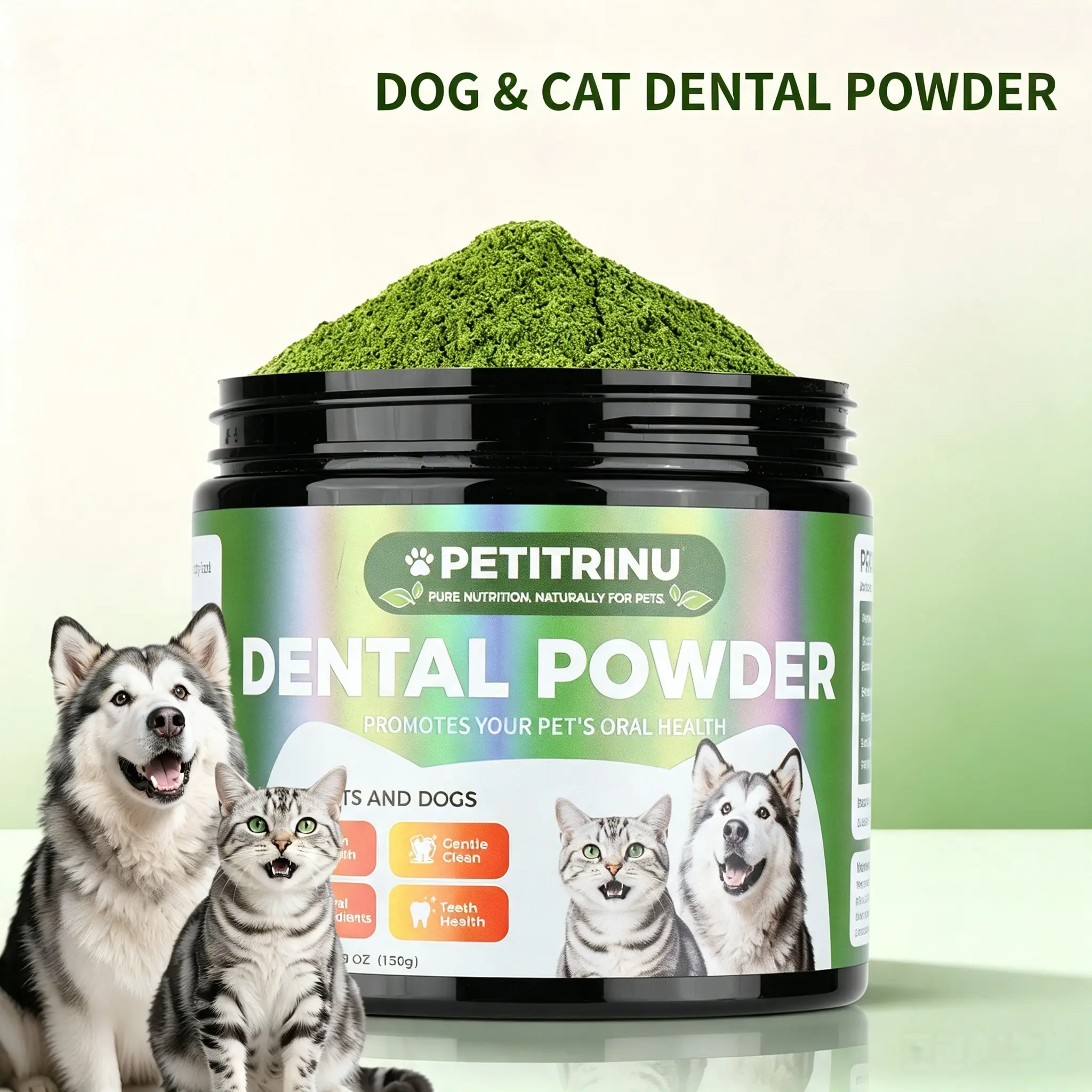 Petitrinu Pet Dental Powder (150g) - No-Brush Oral Care for Dogs & Cats, Plaque & Tartar Remover, Bad Breath Eliminator