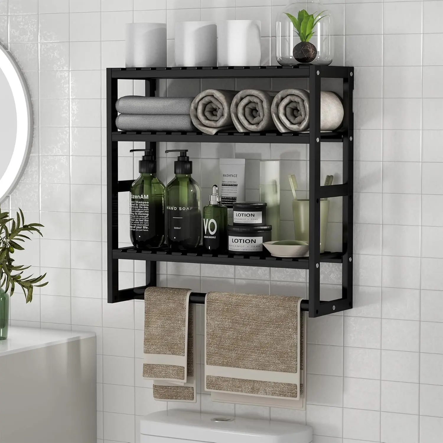 100% Bamboo Over-The-Toilet Floating Shelf Bathroom Organizer Supplies - Adjustable-Height Custom-Fit Shelves with Attached Towel Rack, Vanity Table Compatible, DIY Design, Durable and Long-Lasting Natural Elegance Solution