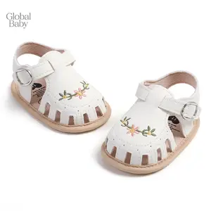 Global Baby Girl Children's New Summer Sweet Embroidery Princess Shoes For Girls Elegant Fashion Kids Causal Cut-Out Sandals, PU Leather Non-slip Embroidery Flower Summer Flats Toddler