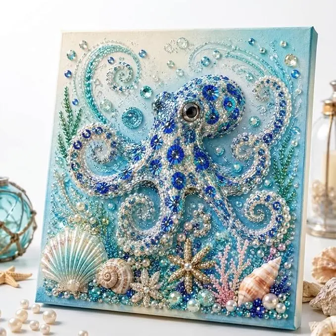 Ocean Theme Pearl Art DIY Kit, Octopus DIY Pearl Painting Kit, Ocean Diamond Art for Adults & Beginners, Sparkling Coastal Wall Decor，Octopus