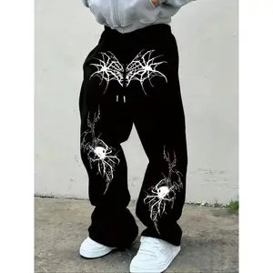 Men's Gothic Full Print Baggy Pants - Black Oversized Streetwear Sweatpants with Spiky Thorn Graphics, Casual Loose Wide Leg Trousers